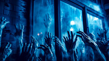 Group Of People Reaching Out Of Window With Their Hands In The Air.
