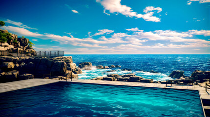 Wall Mural - Swimming pool next to the ocean under blue sky with white clouds.