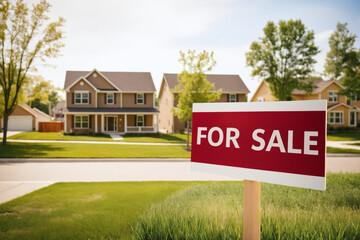 For Sale Sign on Vacant Lot or Lawn in Front of a Modern Houses with Traditional Design. Real Estate Property, Mortgage, Housing Market and Home Ownership Concept.