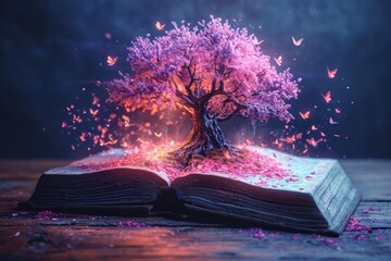 pink petals on purple tree: a magical moment in time generative ai