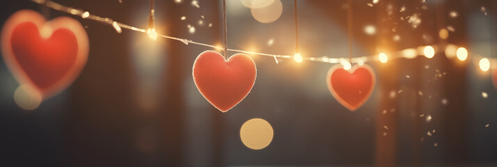 Wall Mural - Garlands with lights and hearts on blurred background with sparkles and bokeh. Valentine's Day banner. Panoramic web header. Wide screen wallpaper