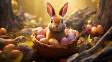 An Easter Bunny Surrounded By Easter Eggs In A Basket 