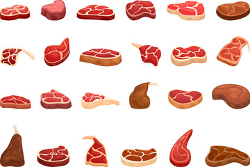 Lamb chop icons set cartoon vector. Meat product. Cooking raw grilled