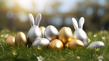 Wall Mural -  A bunch of golden an silver colored easter eggs and bunny ears on a grass background 