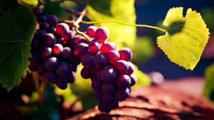 Bunch of grapes hanging from vine on vine hanger in vineyard.