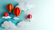 Colorful paper cut hot air balloons, white clouds, blue and white background. copy space.  horizontal