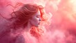 Unrealistic picture of a woman with long, flowing red hair in a pink smoky backdrop, Generative AI.