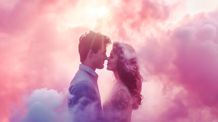 couple in love surrounded with clouds.