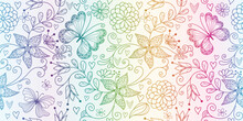 Vector Seamless Colorful Floral Valentines Pattern With Hearts And Dotty Butterflies In Doodle Style On A White Background