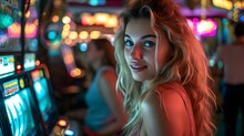 woman playing a slot machine in a casino room at night time with people watching from the sidelines