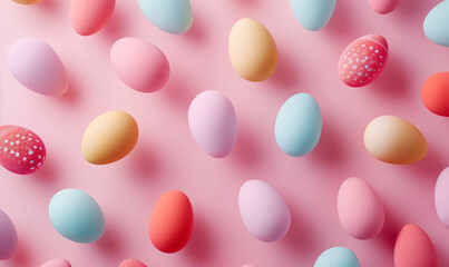 Wall Mural - assorted pastel-colored easter eggs on pink background