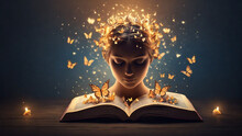 Girl With Magic Book And Butterflies Flying Out Of Her Head On Dark Background