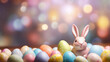  A bunch of pastel colored easter eggs and bunny ears on a bokeh background 