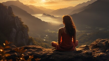 Yoga pose, woman practice yoga in a quiet environment, in the forest, mountains. Healthy Lifestyle, Fitness. With a natural backdrop, sunset. Yoga relaxation.