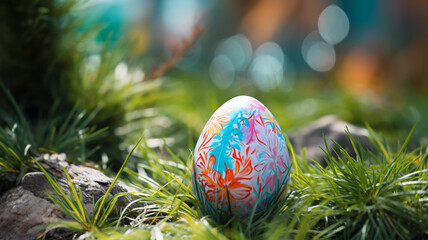 Wall Mural - One colorful easter eggs on a grass background 