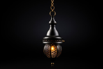 Arabic lantern with burning candle on wooden table against blurred background. Ramadan Kareem concept