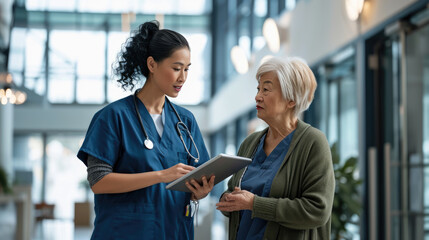 Canvas Print - Nurse in blue scrubs is discussing medical information with an elderly female patient using a tablet in a hospital corridor.