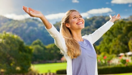 Wall Mural - Radiant, carefree blonde woman, joyful expression, arms outstretched, breathing life, positivity, vitality, confidence