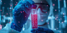 Scientist Holding Medical Testing Tubes Or Vials In The Pursuit Of Medical Pharmaceutical Research, Exploring Blood Cells And Virus Cure Through DNA Genome Sequencing Biotechnology