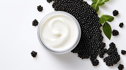 Wall Mural - Caviar luxury cream skincare. Jar of face cream with black caviar extract on white background. 