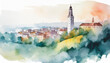 Watercolor painting of a landscape with a city with a tower, copyspace on a side