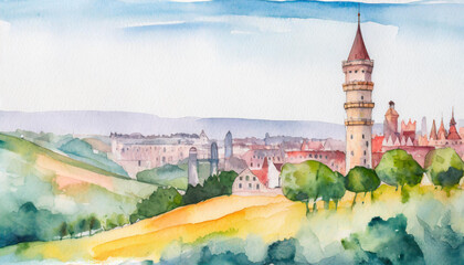 Wall Mural - Watercolor painting of a landscape with a city with a tower, copyspace on a side