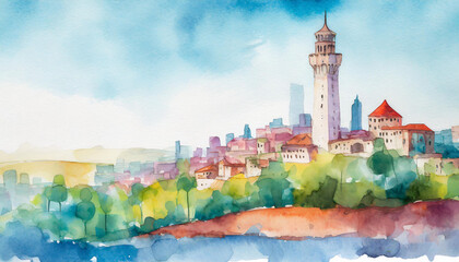 Wall Mural - Watercolor painting of a landscape with a city with a tower, copyspace on a side