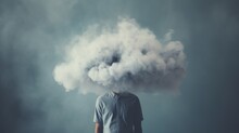 Man Head In Clouds, Depression And Fatigue At Work. Man With Cloud Over His Head Depicting Solitude And Depression