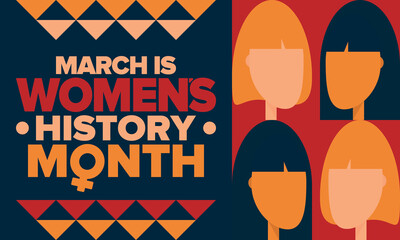 Women's History Month. Celebrated annual in March, to mark women’s contribution to history. Female symbol. Women's rights. Girl power in world. Poster, postcard, banner. Vector illustration