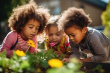 Amidst The Golden Sunlight Of A Spring Day, Three Young Children Crouch Inquisitively Over A Vibrant Flower Bed, Discovering The Joys Of Gardening Together