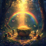 Fototapeta  - Enchanted Woodland with Pot of Gold, Fairies, and Rainbow