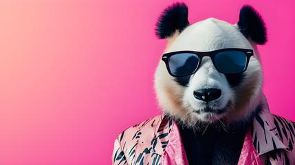 Wall Mural - Creative animal concept. panda in glam fashionable couture high end outfits isolated on bright background advertisement, copy space. birthday party invite invitation banner