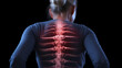 Digital composite of highlighted spine of woman with back pain against black background