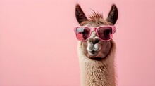 Creative Animal Concept. Llama In Sunglass Shade Glasses Isolated On Solid Pastel Background, Commercial, Editorial Advertisement, Surreal Surrealism