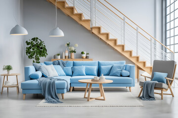 Wall Mural - Contemporary living room with a large blue sofa and stylish wooden staircase