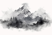 Foggy Watercolor Mountains, Hills And Trees Isolated Elements ,mountains Watercolor Forest Wild Nature. Watercolor Mountain Range With High Peaks Against The Blue Sky.