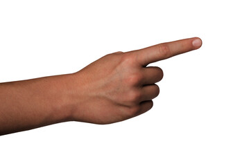 Wall Mural - Male hand with index finger pointing to something. Dark skinned. PNG isolated on transparent background	