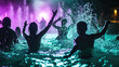 Vibrant and energetic scene of people joyously raising their arms in the air, immersed in water