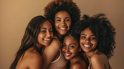 Canvas Print - Smiling women are huddled closely together, portraying a warm, friendly, and diverse group.