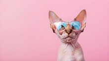 Creative Animal Concept. Devon Rex Cat Kitten Kitty In Sunglass Shade Glasses Isolated On Solid Pastel Background, Commercial, Editorial Advertisement, Surreal Surrealism