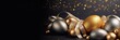 Luxurious golden Easter eggs tied with an elegant bow against a sparkling dark background, luxury holiday marketing, banner copyspace.