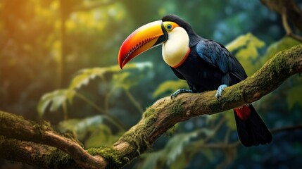 Toucan bird portrait on a branch, Copy space