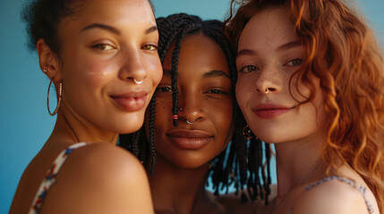 Sticker - Three young women with diverse skin tones are posing closely together, smiling