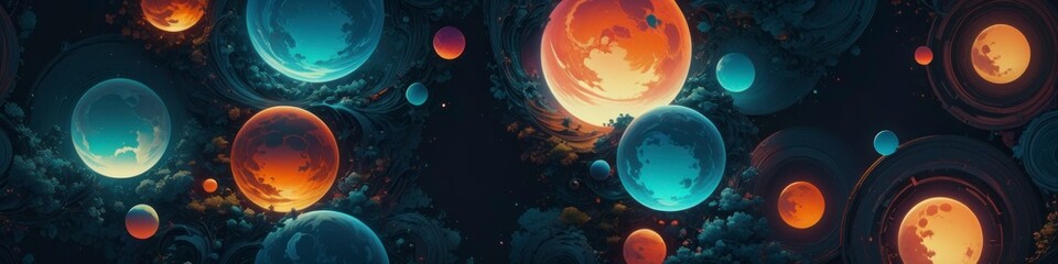 Wall Mural - Abstract banner multicolored glowing balls on dark background, background for design
