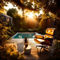 Backyard escape featuring an Eames chair, bathed in the golden glow of a summer sunset