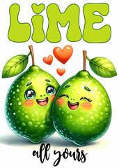 Cute Kawaii Valentines Day Card illustration with two cute limes, food puns