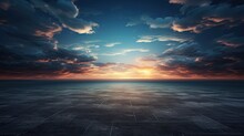 Dark Floor Background With Clouds, Lovely Sunset And Night Sky In The Distance.