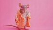 Creative animal concept. mouse in glam fashionable couture high end outfits isolated on bright background advertisement, copy space. birthday party invite invitation banner