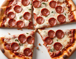 Delicious and delicious slice of pepperoni pizza on white background.
