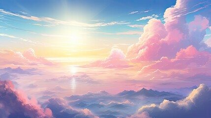 Wall Mural - Sunshine and blue sky background. Sun and cloud. a blue sky with pink and yellow hues. happy day